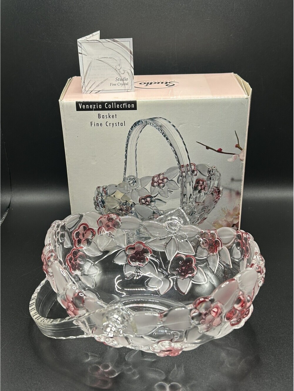 Vintage Studio Crystal Venezia Pink Flowers Frosted Leaves Basket 1990’s